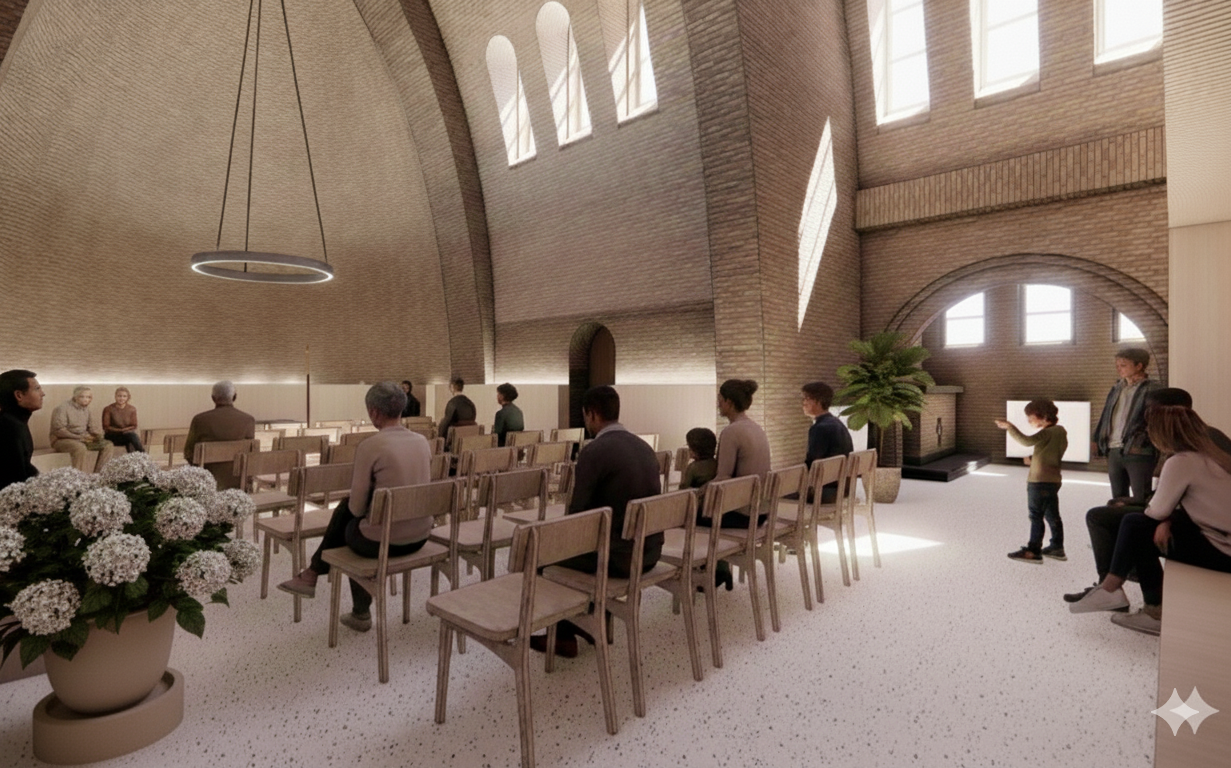De liturgische ruimte met altaar, kruis en samenkomst