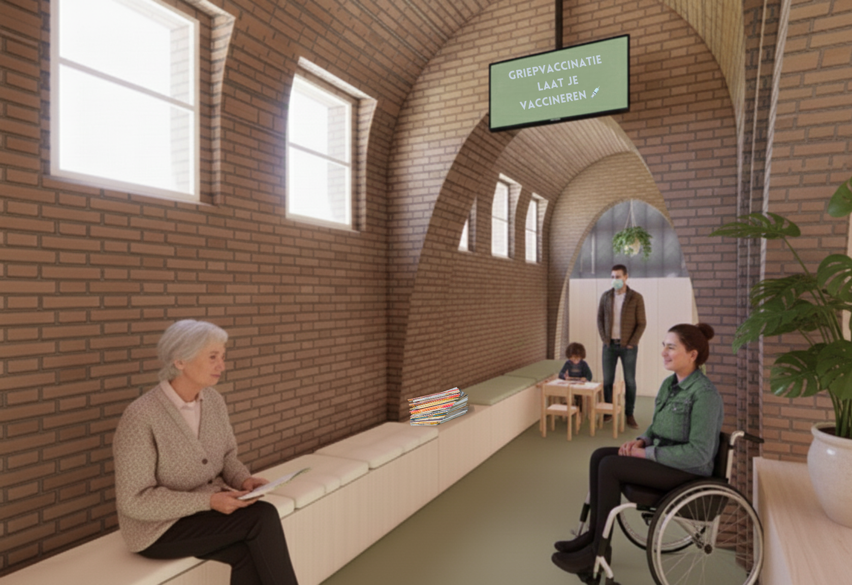 Wachtzaal onder de kerkgewelven met zitbanken en kinderhoek