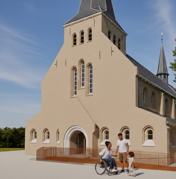 Gezin met rolstoelgebruiker bij de inkom met hellingbaan van de kerk